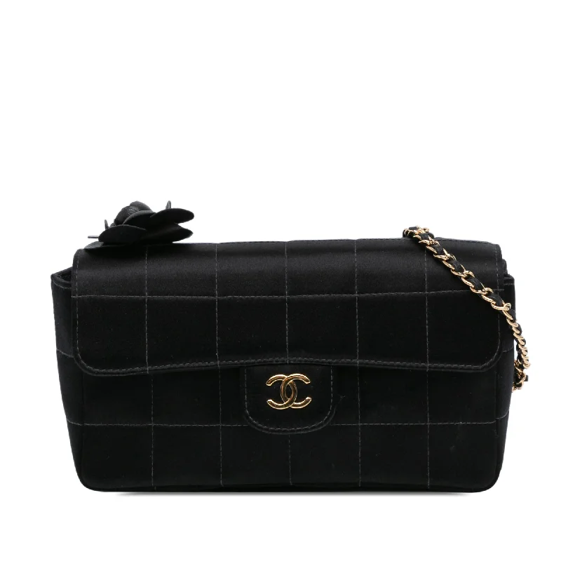 Black Chanel Mini Choco Bar Quilted Satin Camellia Flap Crossbody Bag