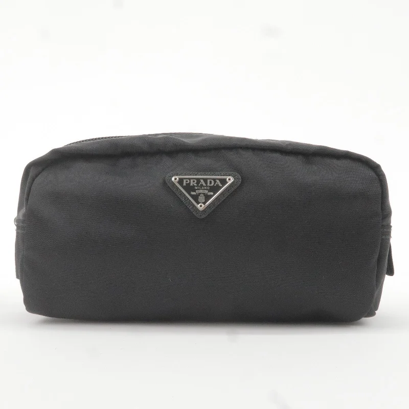 PRADA Logo Nylon Leather Pouch Clutch Bag NERO Black 1NA350