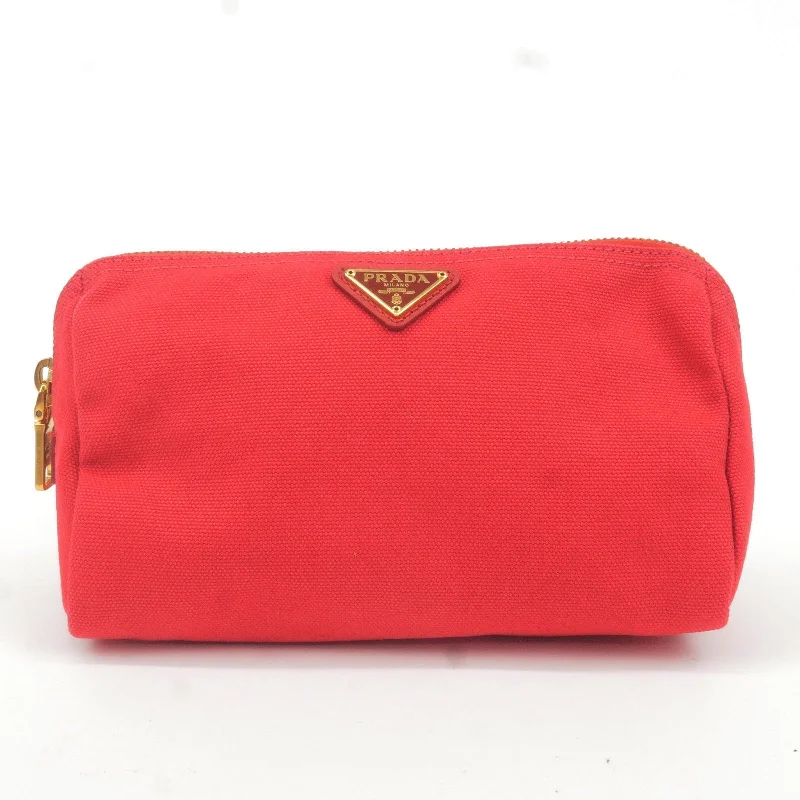 PRADA Logo Canvas Pouch Clutch Bag Red Gold Hardware 1N0693