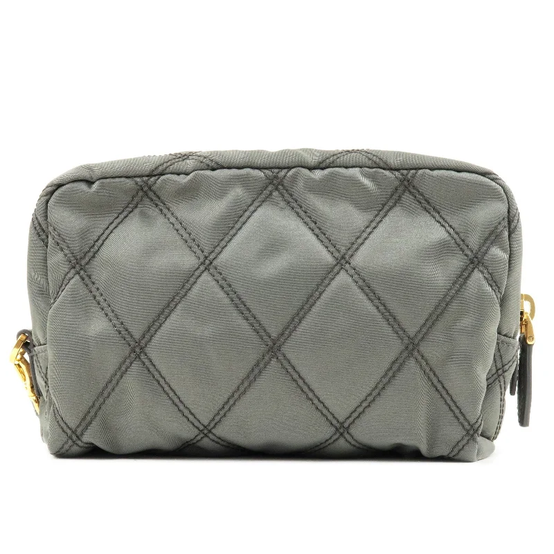 PRADA Nylon Leather Quilting Pouch Clutch Bag Gray 1NE005