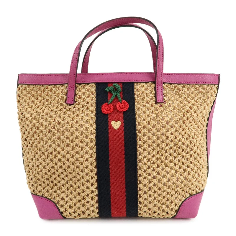 GUCCI Children Sherry Raffia Leather Cherry Bag Beige Pink 410818