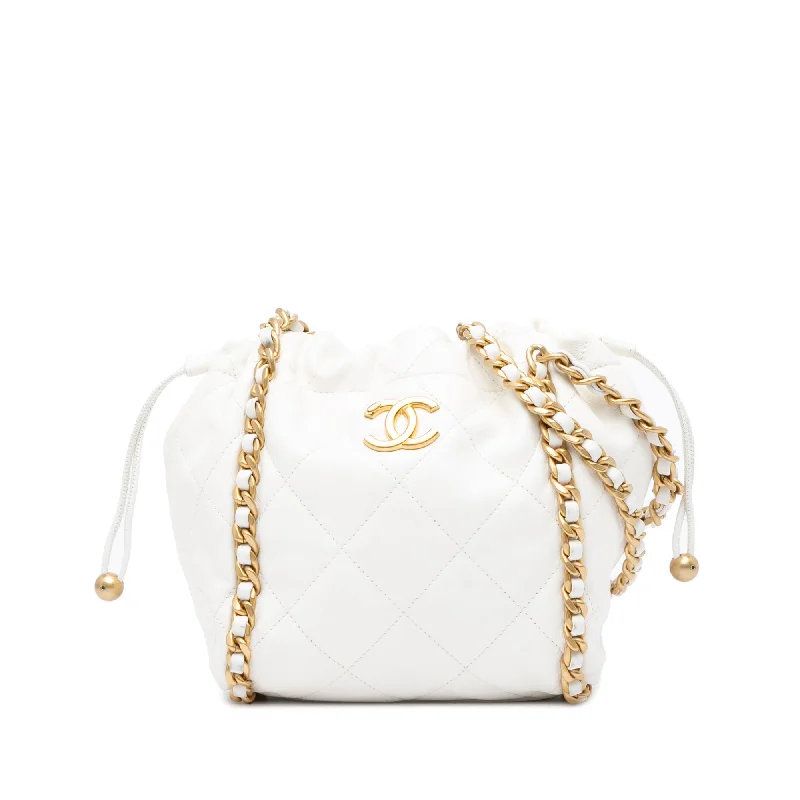 White Chanel Quilted Lambskin Chain Around Bucket Bag