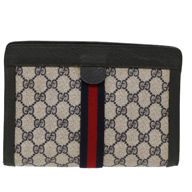 GUCCI GG Canvas Sherry Line Clutch Bag Gray Red Navy 89.01.001  yk7814