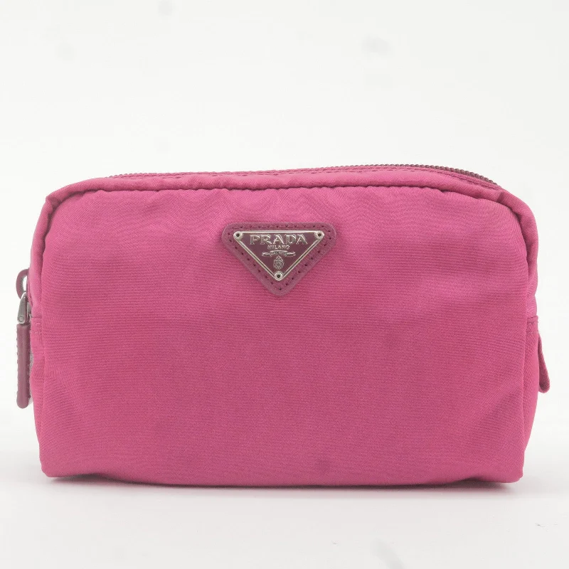 PRADA Logo Nylon Leather Pouch Cosmetic Bag Pink 1N0021