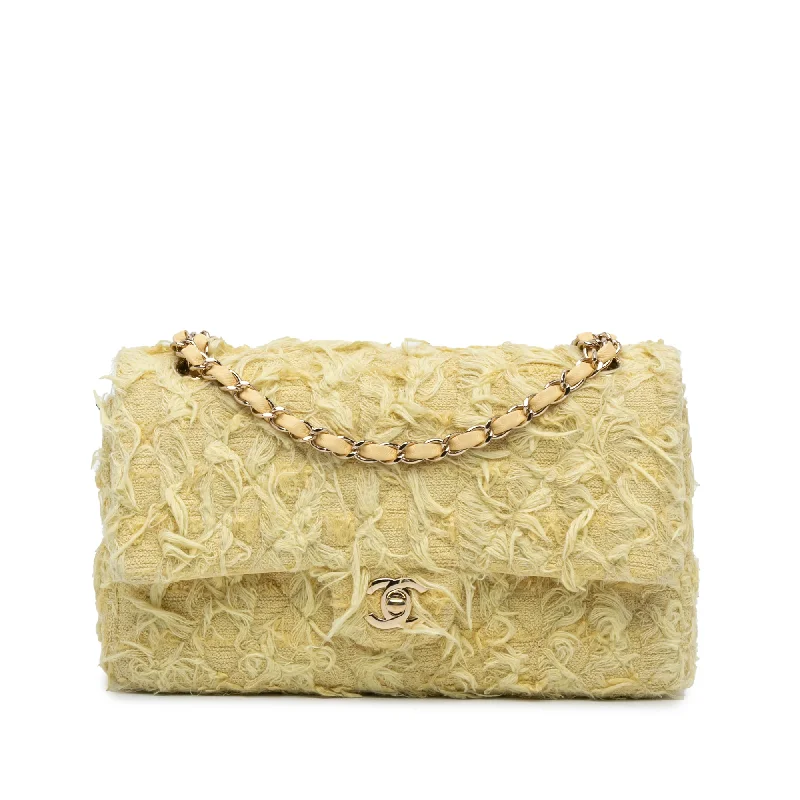 Yellow Chanel Medium Classic Fringed Tweed Double Flap Shoulder Bag