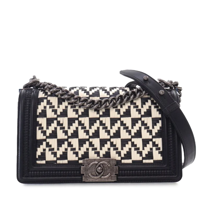 Black Chanel Medium Bicolor Woven Calfskin Boy Flap Shoulder Bag