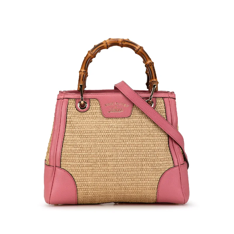 Tan & Pink Gucci Small Raffia Bamboo Shopper Tote Satchel