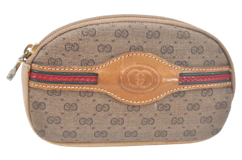 Authentic GUCCI Web Sherry Line Pouch Purse GG PVC Leather Brown L0630