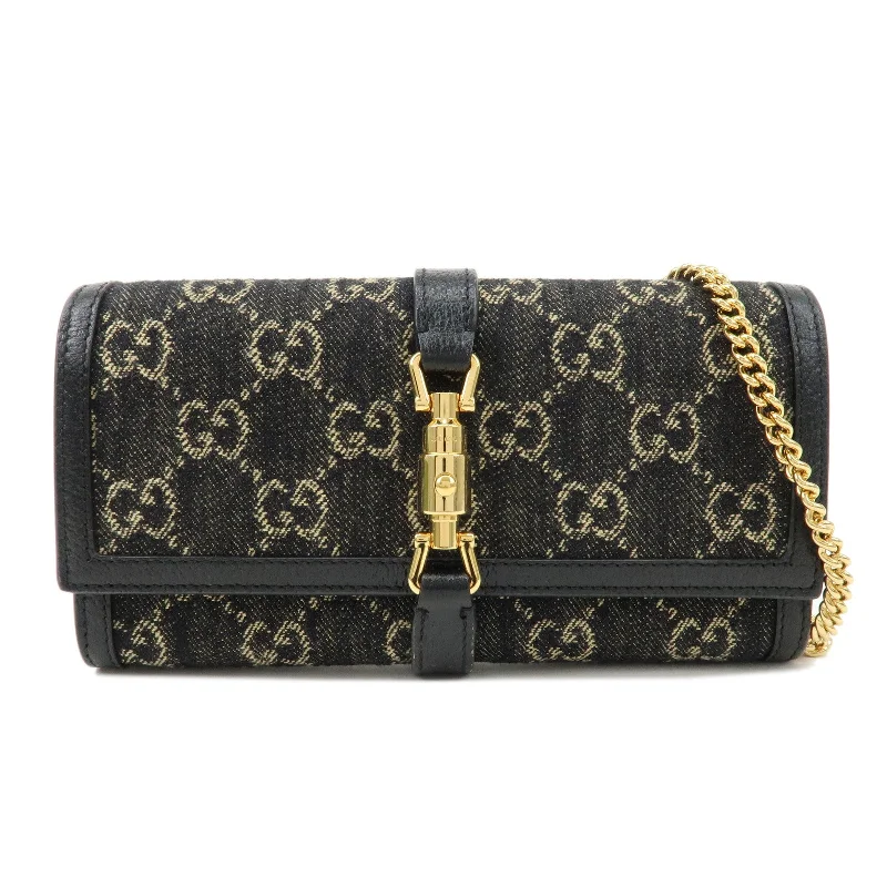 GUCCI New Jackie GG Denim Leather Chain Wallet Black 652681