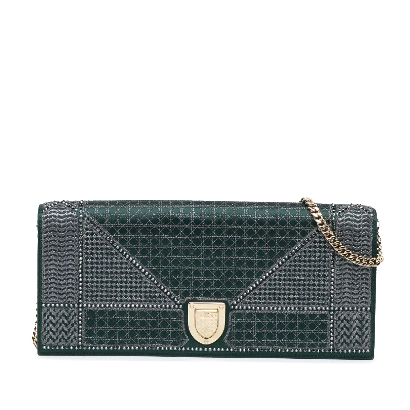 Green Dior Studded Satin Microcannage Diorama Clutch with Chain Crossbody Bag