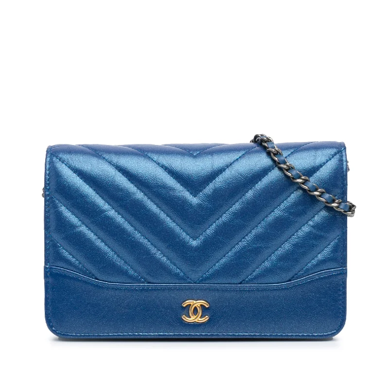 Blue Chanel Chevron Aged Metallic Calfskin Gabrielle Wallet On Chain Crossbody Bag