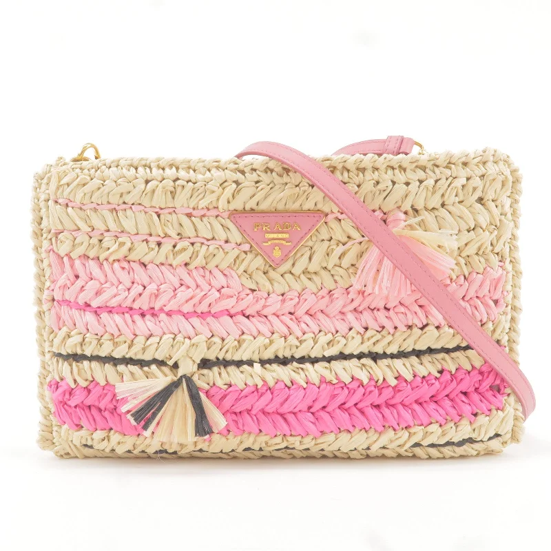 Prada Raffia Tricot Leather Shoulder Bag Beige Pink 1BF071