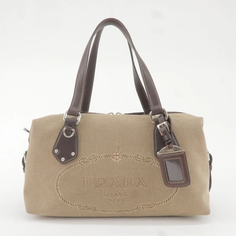 PRADA Logo Jacquard Leather Boston Bag Beige Brown BR3461