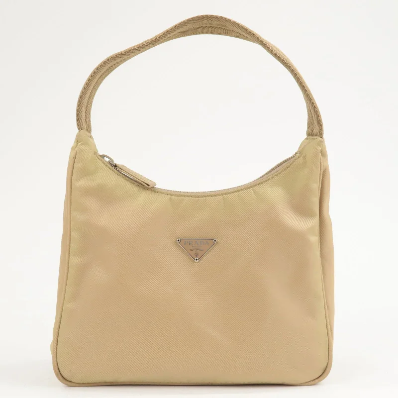 PRADA Logo Nylon Hand Bag Pouch Beige