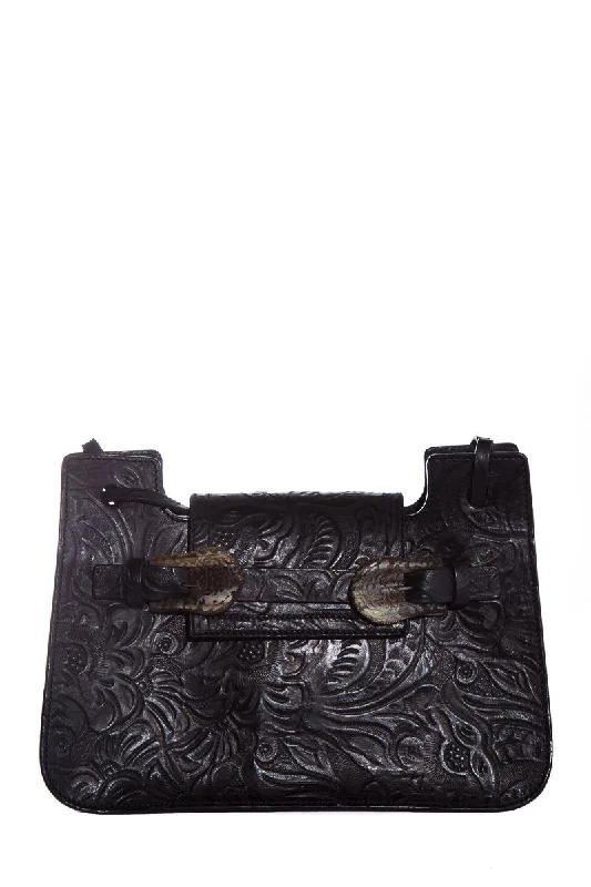 Fendi Vintage Black Leather Embossed Flower Handle Bag