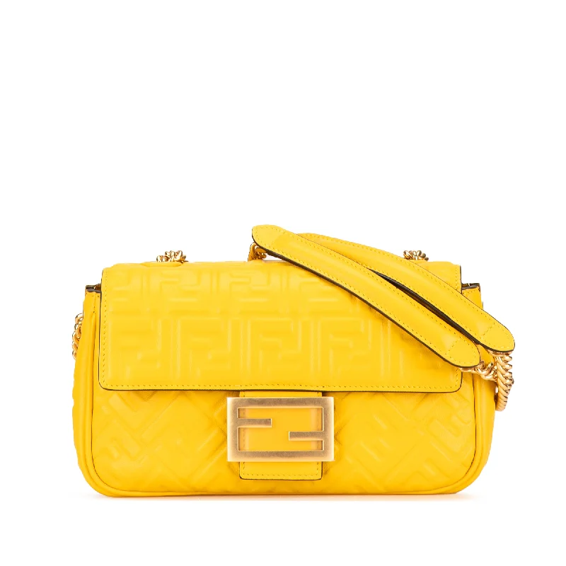 Yellow Fendi Zucca Embossed Chain Midi Baguette Shoulder Bag