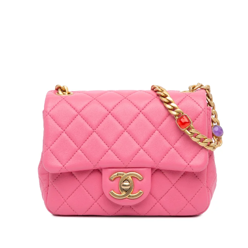 Pink Chanel Mini Square Lambskin Pearl Samba Flap Crossbody Bag