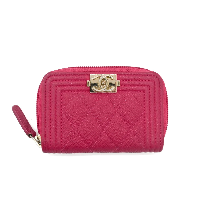 Chanel Berry Red Caviar Boy Zip Around Coin Purse / Cardholder