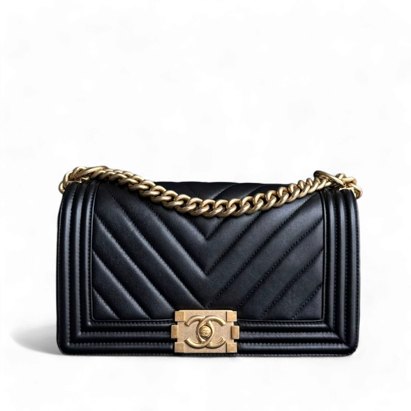 Chanel Boy Medium - Calfskin 25CM Chevron Black Gold Hardware Series 24