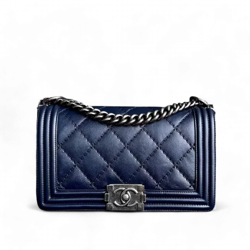 Chanel Boy Old Medium 25CM Quilted Calfskin Dark Blue RSHW No 19