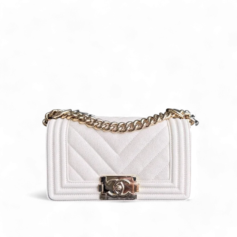 Chanel Boy Small - Caviar 20CM Chevron Cream White Gold Hardware Series 29