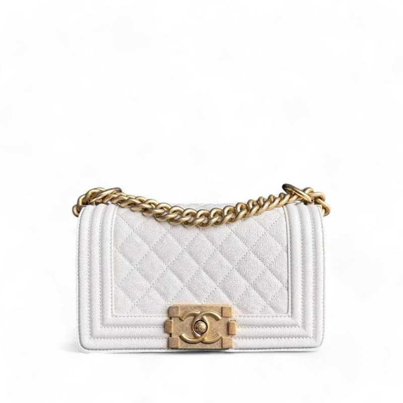 Chanel Boy Small - Caviar Quilted Cream White Gold Hardware