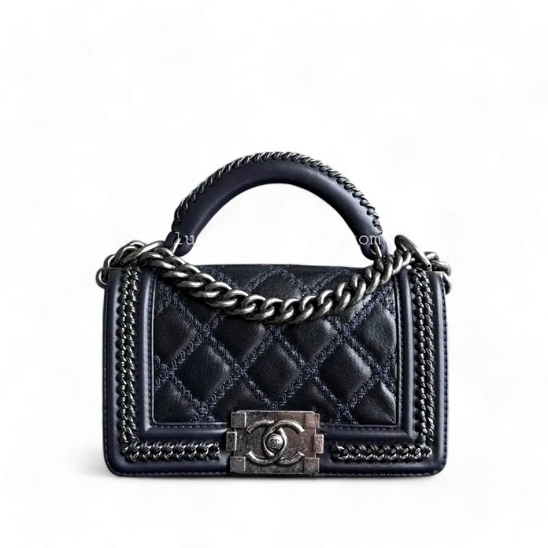 Chanel Boy Small Handle - 20CM Calfskin Chain Around Top Handle Limited Edition Dark Blue Ruthenium Silver Hardware Series 21