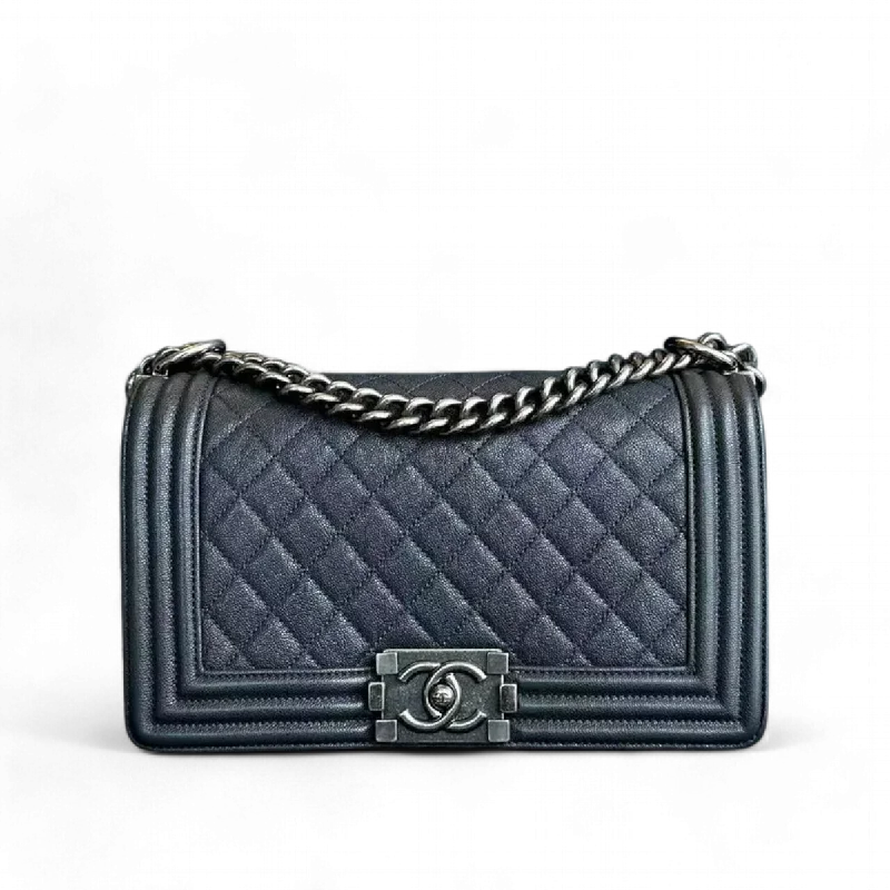 Caviar Boy Old Medium 25CM Quilted Calfskin Dark Grey Gray Silver Hardware Series 26