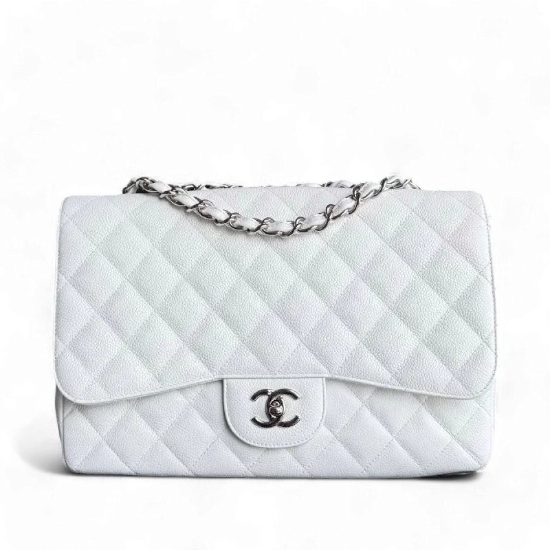 Chanel Classic Flap Jumbo - Caviar 30CM Single Flap Quilted Snow White Silver Hardware Series 13