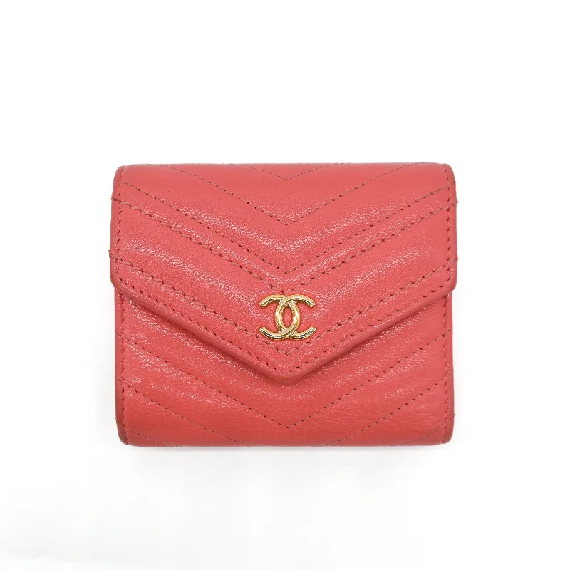 Chanel Coral Pink Chevron Lambskin Trifold Wallet