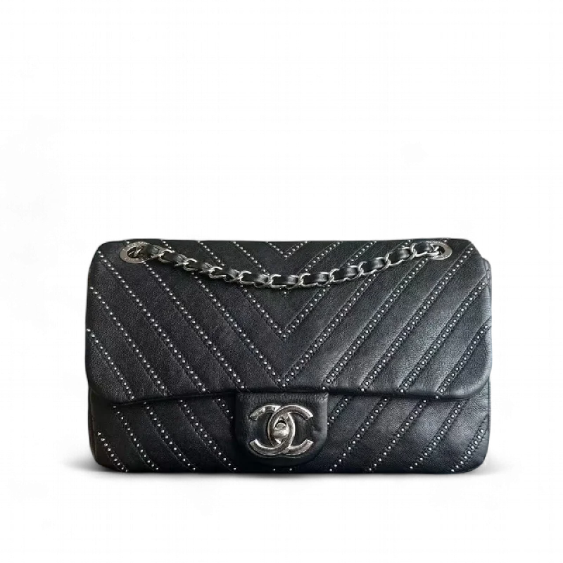 Chanel Seasonal Flap - Studded 28CM Chevron Calfskin Black Silver Hardware Series 24