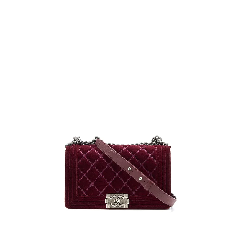 Chanel Medium Boy Bag Velvet Dark Red Ruthenium SHW