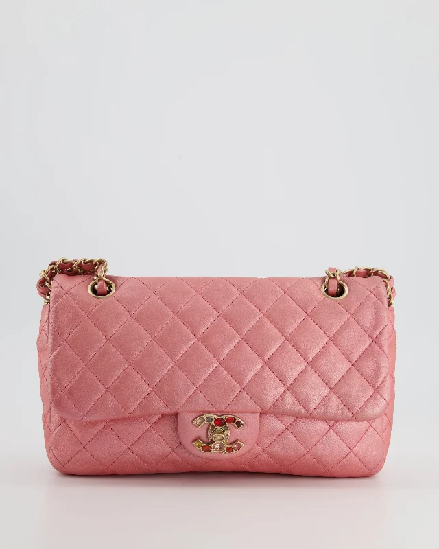 *LIMITED EDITION* Chanel Pink Metallic Single Flap Shoulder Bag in Lambskin Leather with Gold and Precious Stone Hardware