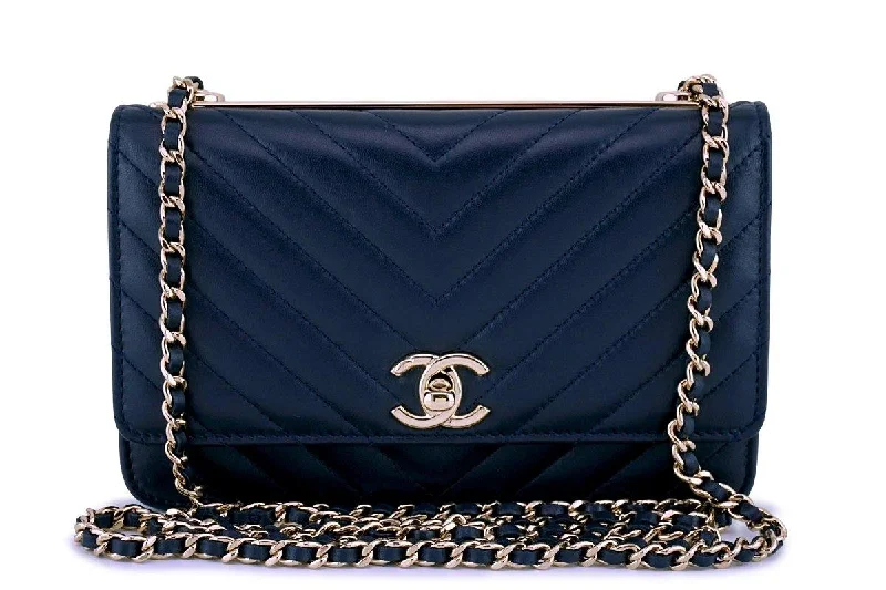 New 18P Chanel Navy Blue Rare Trendy CC Classic Wallet on Chain WOC Flap Bag GHW