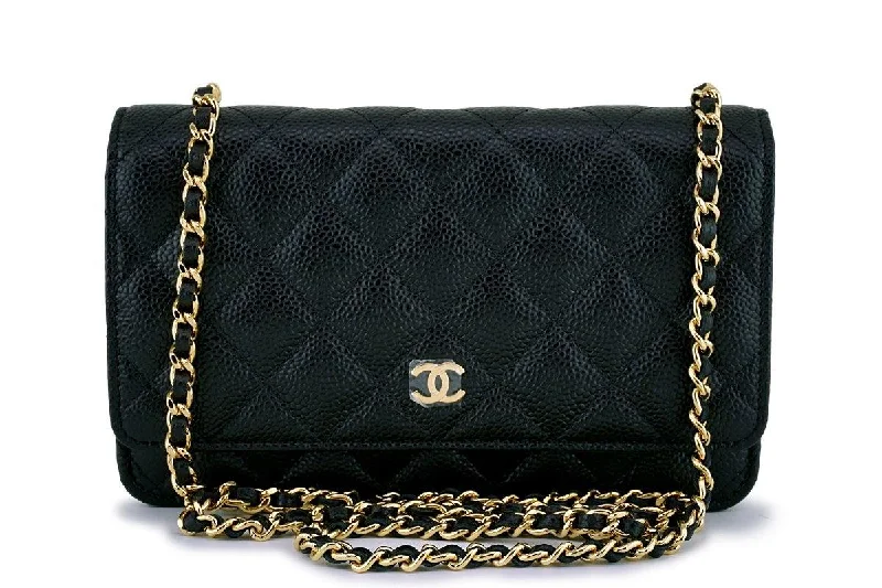 New Chanel Black Caviar Classic Quilted WOC Wallet on Chain Flap Bag GHW