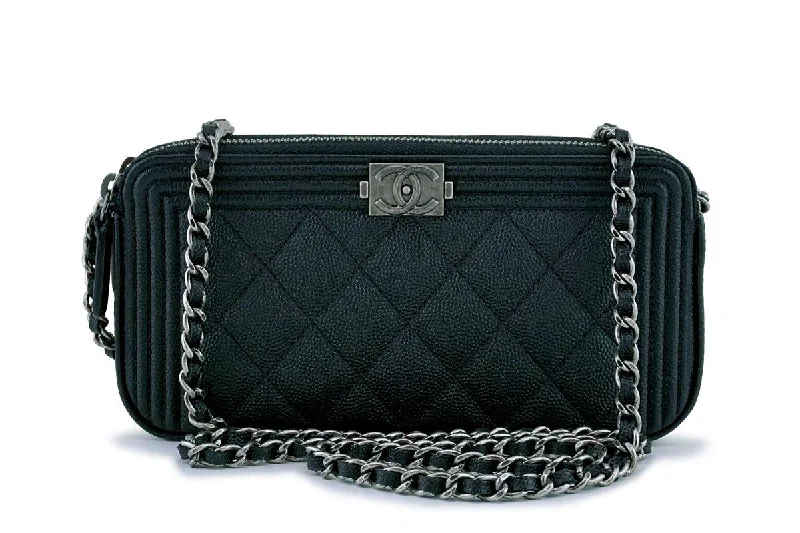 NIB Chanel Black Caviar Boy Double Zip Wallet on Chain Clutch WOC Bag