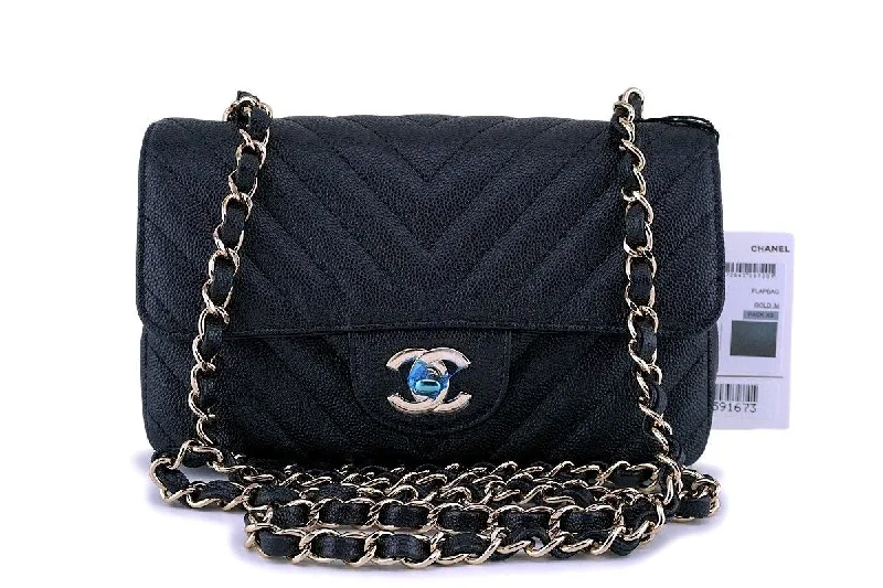 NWT 18B Chanel Black Caviar Chevron Rectangular Mini Classic Flap Bag GHW