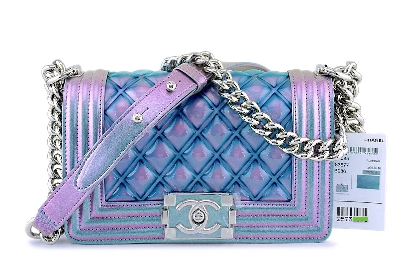 NWT 18S Chanel Purple Patent Mermaid Rainbow Classic Small Boy Flap Bag