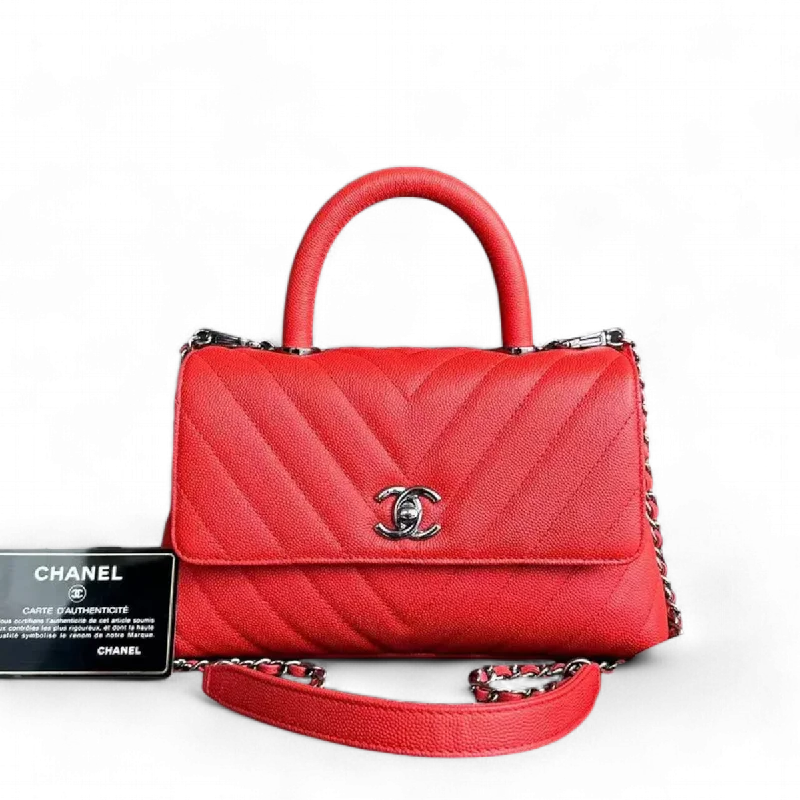 Chanel Caviar Small Coco Handle Chevron Calfskin Light Red Silver Hardware Series 28